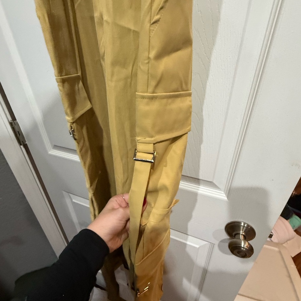 Women's Yellow/Cream Brown Cargo Jumpsuit - Picture 6 of 7